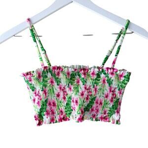 Cabana del Sol Floral Swim Top Green Pink White Elastized Top‎ Sz L